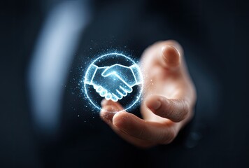 A hand holds a holographic handshake icon