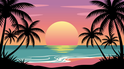 Vector illustration of a tropical beach sunset with palm tree silhouettes, colorful sky, and ocean waves. Perfect for summer, travel, and vacation themes.