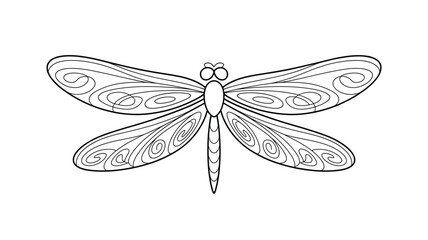 Stylized Dragonfly Outline Illustration with Intricate Wing Patterns - Black and White Insect Drawing for Coloring Pages and Creative Projects.