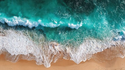 Breathtaking Aerial View of a Turquoise Beach with Surfboard and Waves, Ideal for Social Media Campaigns or Relaxationfocused Projects.