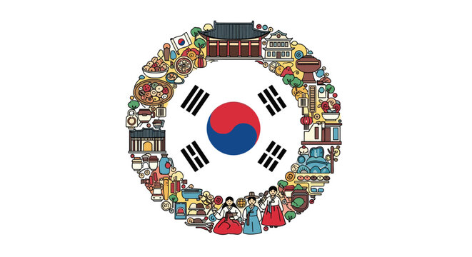 Vibrant South Korean culture illustrated with food, architecture, and traditional attire in a circle