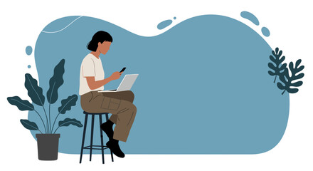 A woman multitasks, working remotely on her laptop and phone in a modern setting. Ideal for themes of productivity, digital communication, and flexible work.