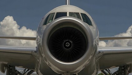 Close-up of a jet engine, with a light gray fuselage and a dark metal turbine