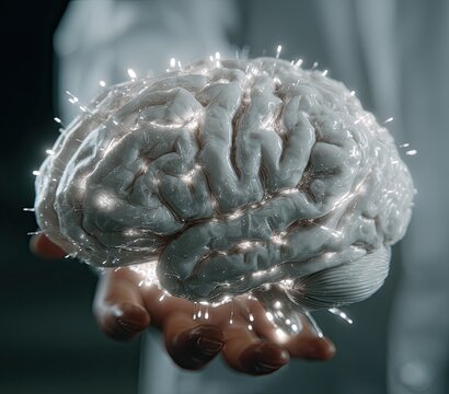 A hand holds a glowing, 3D brain model - Powered by Adobe