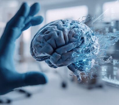 A 3D rendered brain, digitally enhanced with dynamic bursts of light, held by a gloved hand in a medical setting - Powered by Adobe