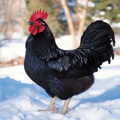 Black rooster in snow, proud stance. Red comb and wattles