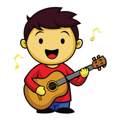 Cheerful cartoon boy playing acoustic guitar with musical notes swirling playfully, perfect for children's music education and creative projects
