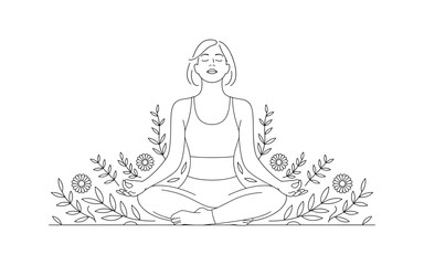 Woman in Lotus Pose: A Minimalist Line Art Illustration of Meditation, Mindfulness, and Spiritual Harmony in Nature with Floral Accents and Calming Composition.