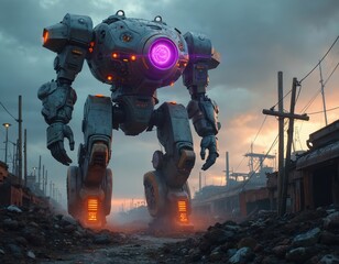 Massive cyberpunk robot sentinel stands in desolate scrapyard at dusk. Glowing purple eye, orange circuits emit light, illuminating gritty, ruined industrial landscape. Imposing machine represents