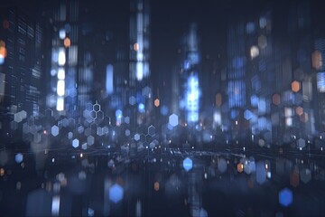 Futuristic city skyline, blurred, glowing, hexagonal patterns, digital, abstract, technology