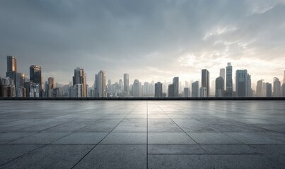 Obraz premium Empty rooftop overlooking a modern city skyline