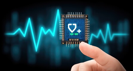 A hand holds a circuit board with a heart symbol and plus sign.  A teal ECG-like waveform is visible behind the board