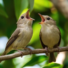 Two baby birds with open beaks on a branch