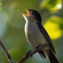 Close-up of a small bird perched on a branch, beak wide open in a vocalization.  Soft light and blurred background of foliage