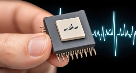 Hand holding a small black circuit board with a light beige square symbol.  A faint EKG-like graphic is behind it