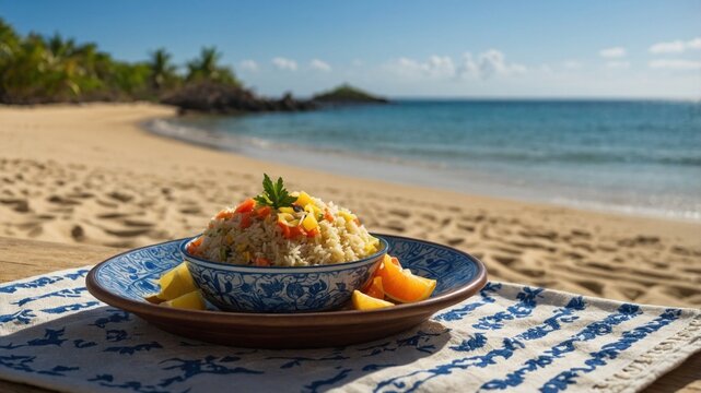 A vibrant bowl of rice with colorful vegetables sits on a beachside table under a clear sky