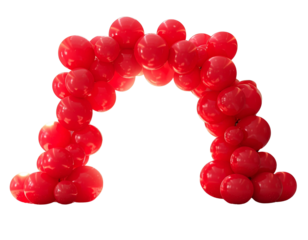 Realistic red balloon arch decorating the entrance of a spacious modern event hall
