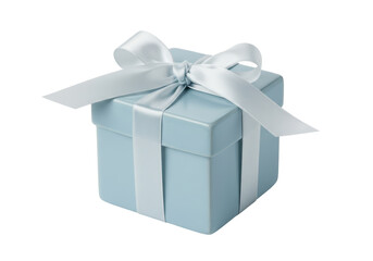 Isolated elegant blue gift box with satin ribbon and bow for Christmas or birthday event