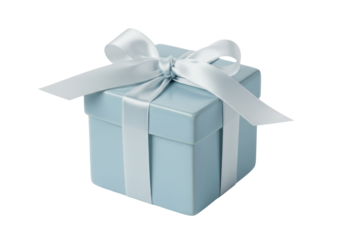 Isolated elegant blue gift box with satin ribbon and bow for Christmas or birthday event