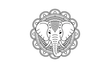 Elegant Elephant Mandala Outline for Coloring Pages and Digital Designs: Geometric Patterns and Traditional Ornamentation, Black and White Artwork, Printable