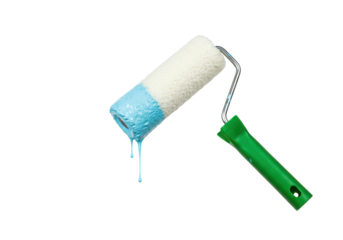 Isolated blue paint roller with green handle drips paint for applying color to walls
