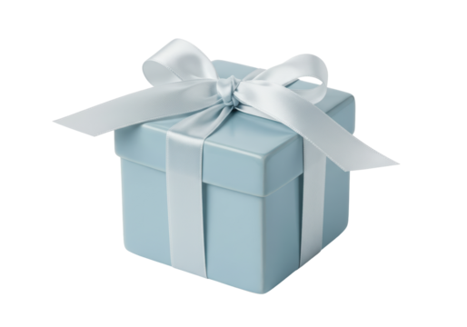 Isolated elegant blue gift box with satin ribbon and bow for Christmas or birthday event