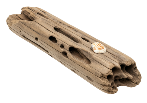 Isolated weathered piece of driftwood with holes, dry timber log for arts and craft ideas