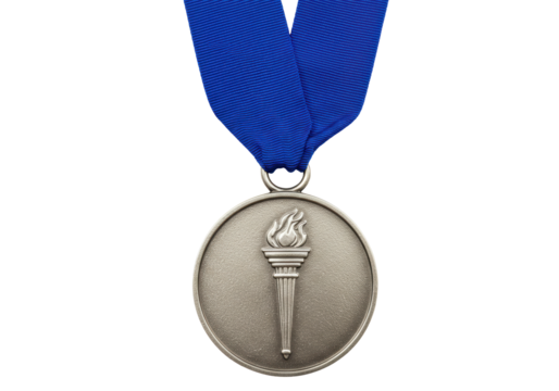 Isolated silver metal award medallion with olympic torch on blue ribbon, symbol of victory - Powered by Adobe