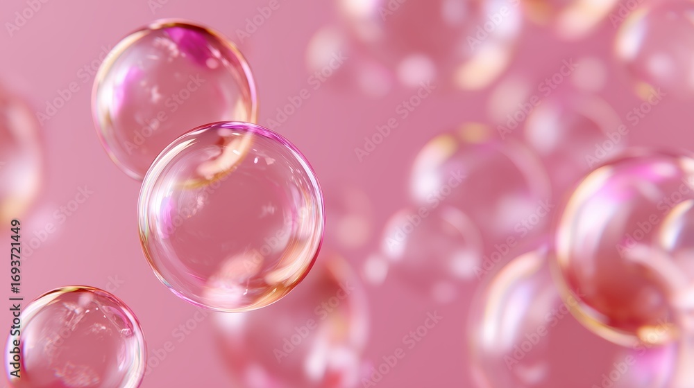 Poster Sparkling bubbles float gracefully against a soft pink background, creating a dreamy atmosphere of tranquility and playfulness