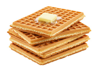 Isolated stack of waffles with butter melting on top for breakfast or brunch dessert