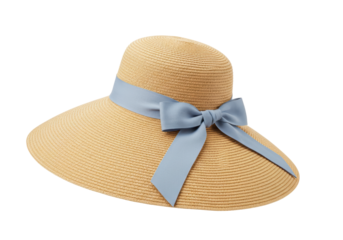Isolated straw sun hat with blue ribbon bow for summer fashion and sun protection