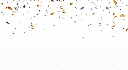 Bursting gold and silver confetti, falling ribbon backgrounds