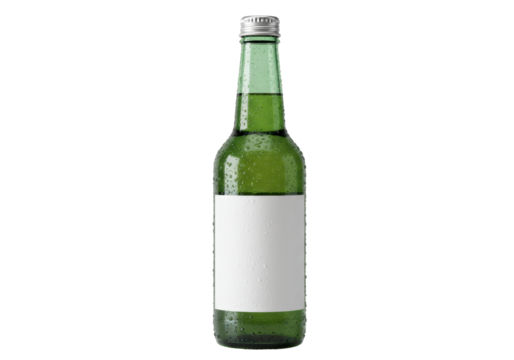Isolated green bottle of beverage, mockup with blank label for branding, design element