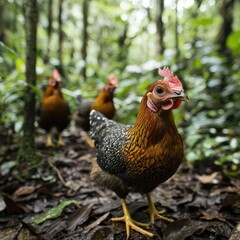 Three brown and speckled hens in a lush forest floor