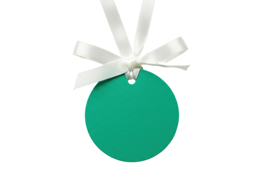 Isolated green paper tag with white ribbon, decoration for gifts, holiday, or promotional offer