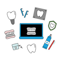 Vector illustration of dental care icons including tooth, implant, dentures, toothbrush, toothpaste, floss, dental X-ray, dental tools, and medical clipboard. 