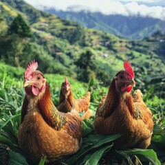 Three brown chickens in a grassy field, nestled amongst lush green hills