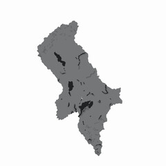 Detailed gray map of a landmass with dark gray lakes and rivers on white geography outline