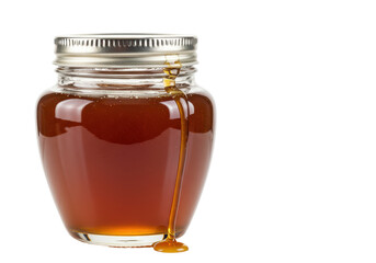 Isolated jar of golden honey, dripping with natural sweetness for culinary use or health benefits