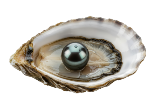 Isolated Tahitian pearl in opened oyster shell, a symbol of luxury, rarity, and elegance