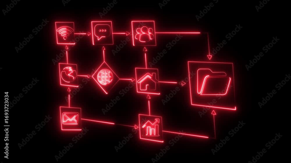 Poster red neon flowchart icons illustrating digital processes and connectivity on a black background image
