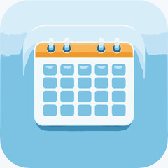 Cartoon style calendar icon with orange top and blue grid on a light blue background date schedule