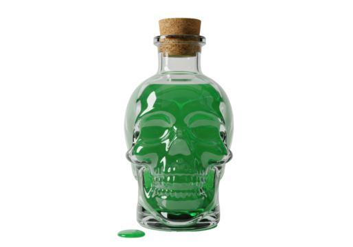Isolated skull shaped bottle filled with green liquid medicine, poison, or Halloween potion