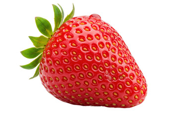 Isolated vibrant red strawberry with green stem and leaves against a neutral backdrop