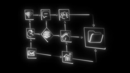 White Neon Flowchart Icons Showing Digital Processes and Connectivity on a Black Background image photo - Powered by Adobe