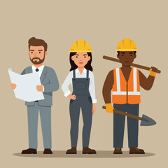 A diverse trio of construction and design professionals, including an architect, a tradeswoman, and a laborer, stand ready for collaborative project execution.