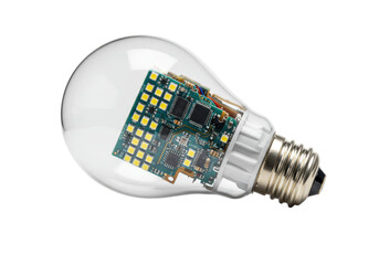 Isolated glass lightbulb with PCB electronic circuit inside modern technology for illumination
