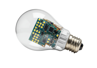 Isolated glass lightbulb with PCB electronic circuit inside modern technology for illumination