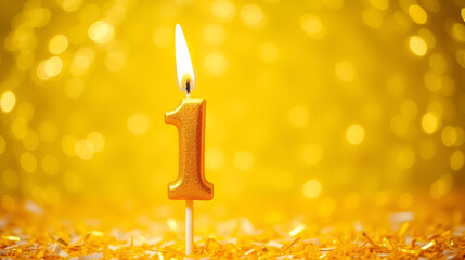 Golden number eleven candle on shiny yellow confetti background. Festive backdrop for eleventh birthday, anniversary or celebration. Bright greeting card with space for text.