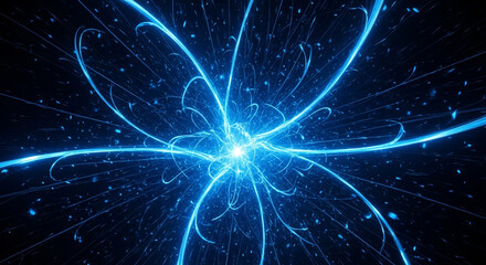 Dynamic blue energy burst with glowing particles and swirling light trails, abstract science concept